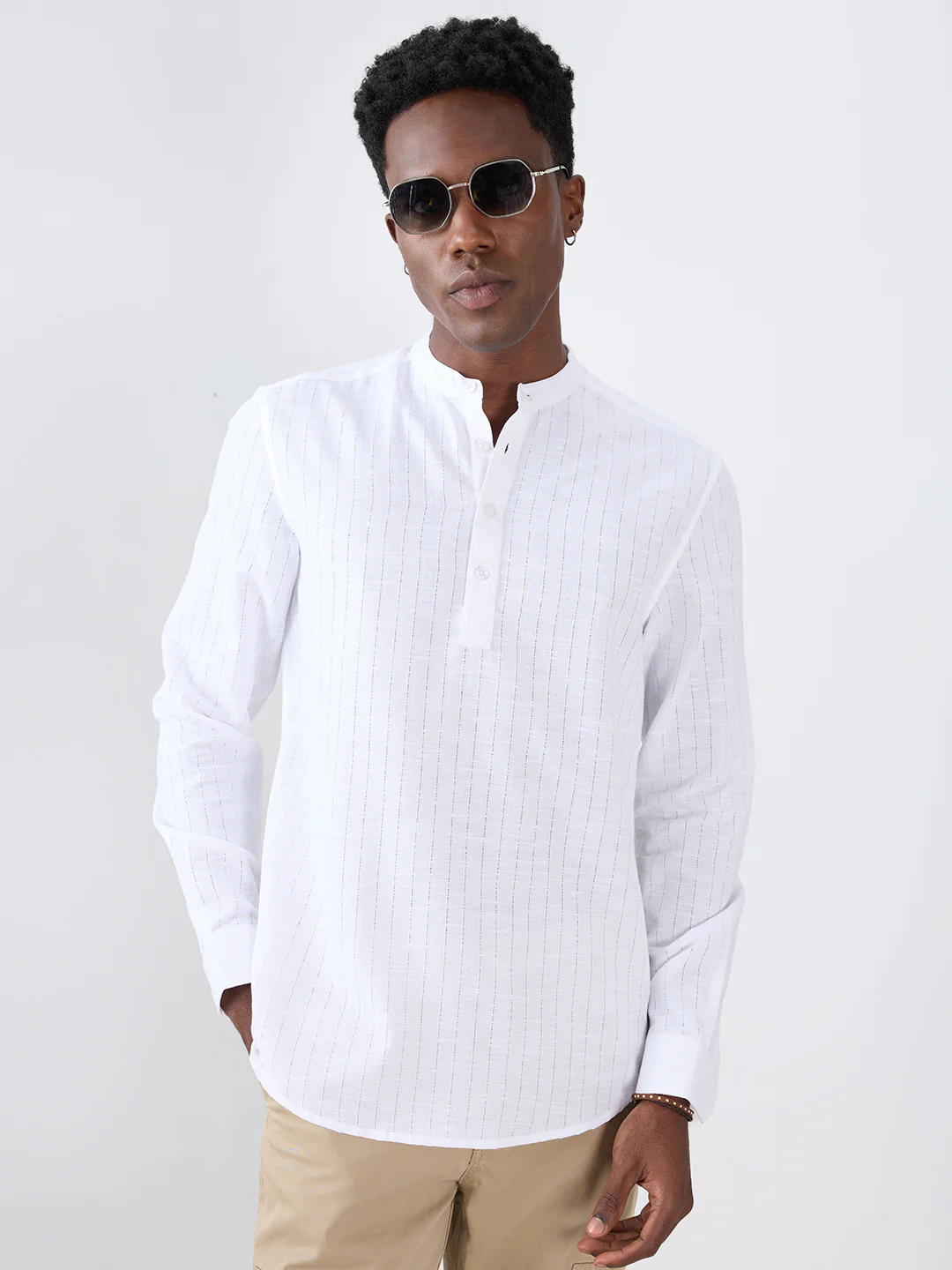Pearl White Ladder Striped Subtle Textured Kurta - Image 5