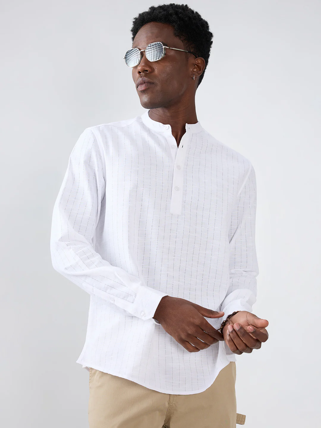 Pearl White Ladder Striped Subtle Textured Kurta - Image 6