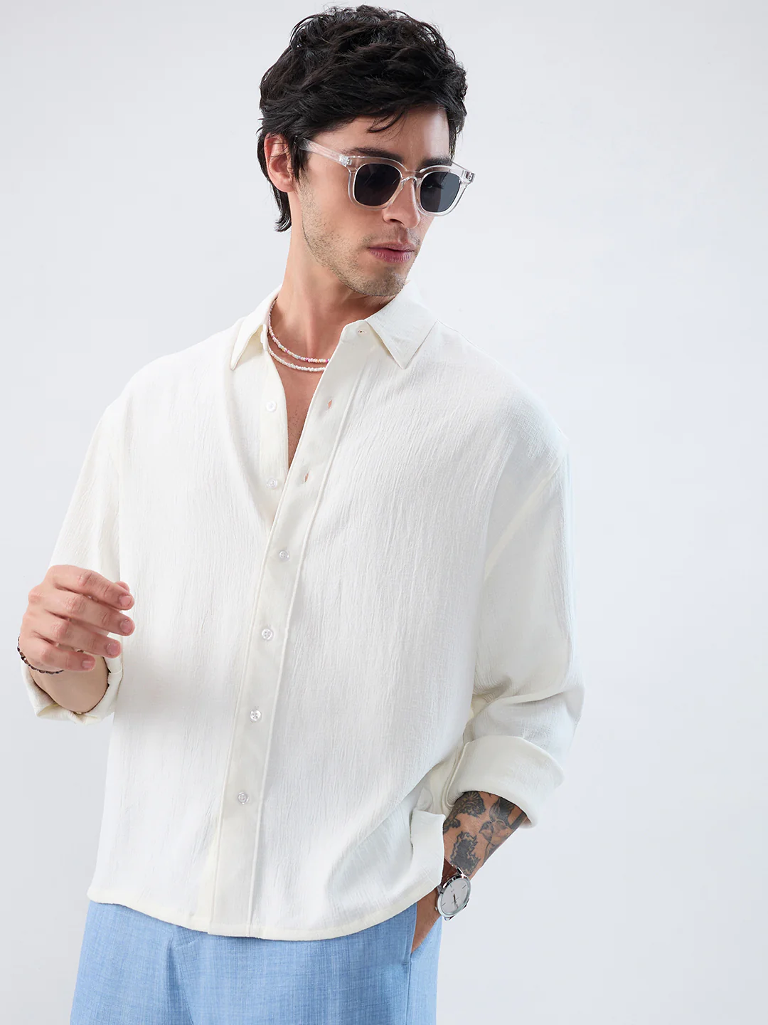 Pearl White Minimal Textured Boxy Fit Oversized Crop Shirt - Image 2