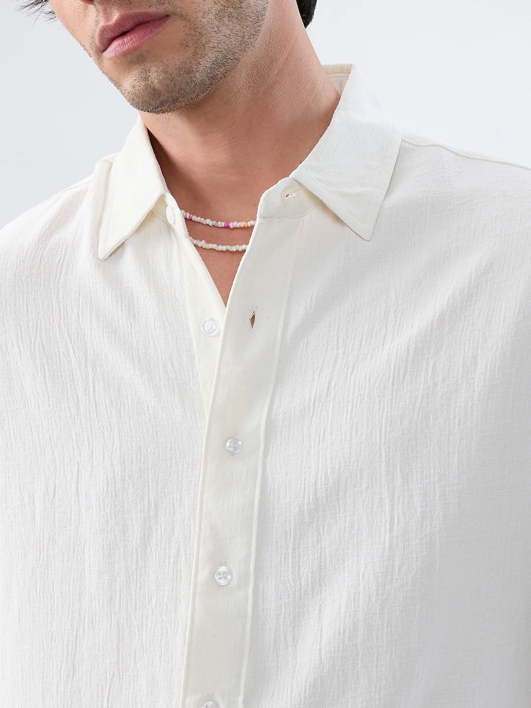 Pearl White Minimal Textured Boxy Fit Oversized Crop Shirt - Image 3