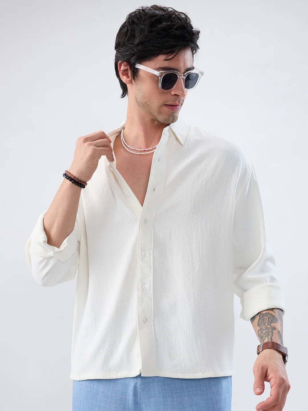 Pearl White Minimal Textured Boxy Fit Oversized Crop Shirt - Image 4