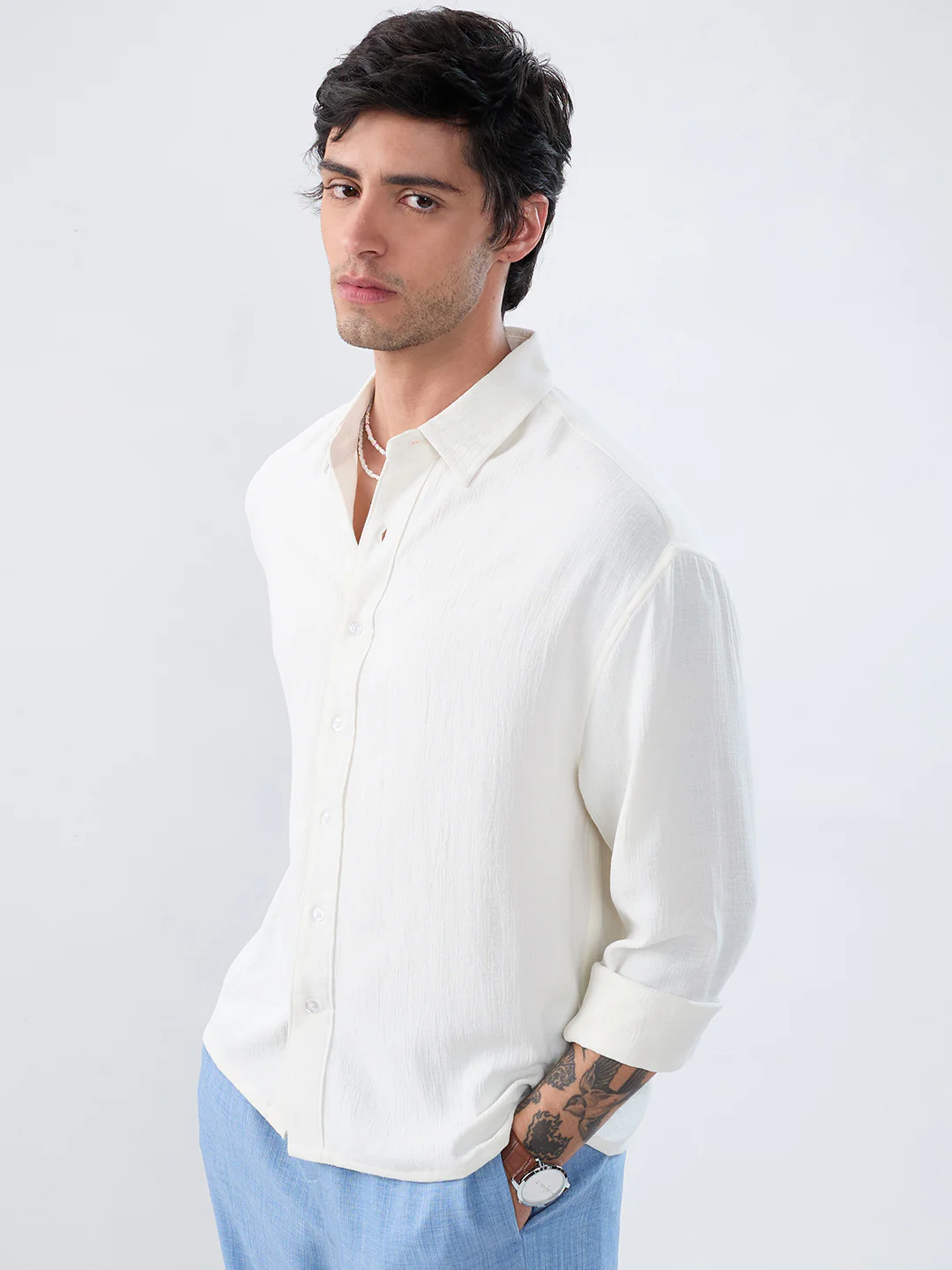 Pearl White Minimal Textured Boxy Fit Oversized Crop Shirt - Image 5