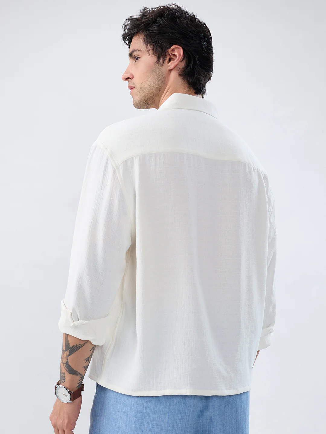 Pearl White Minimal Textured Boxy Fit Oversized Crop Shirt - Image 6