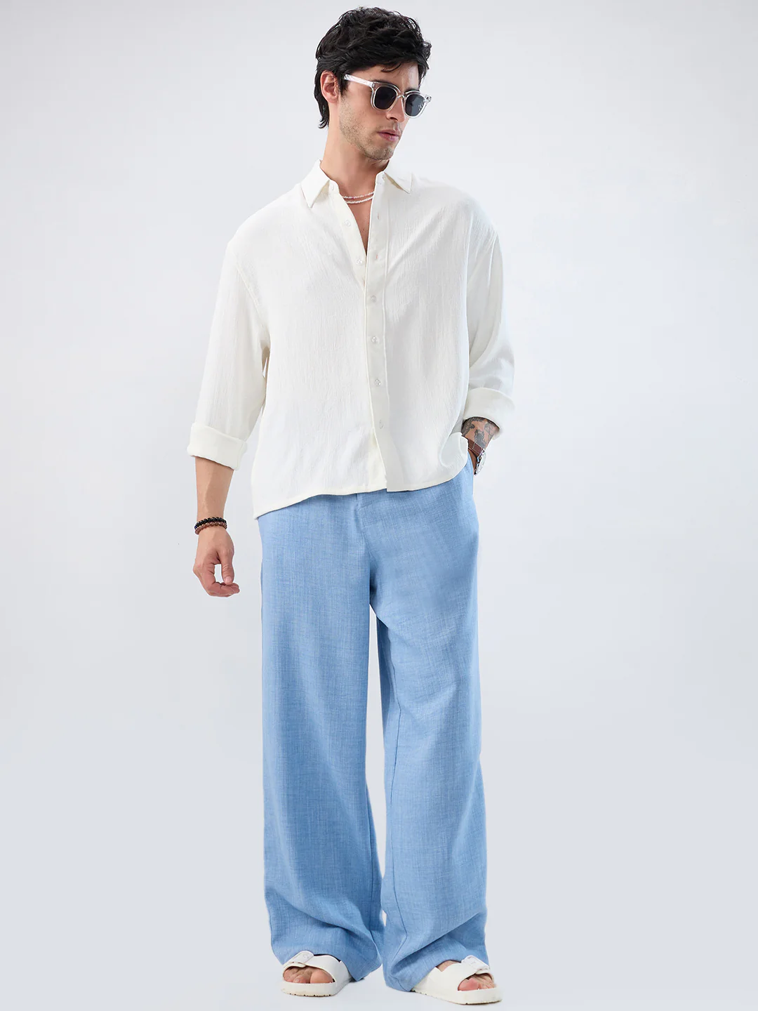 Pearl White Minimal Textured Boxy Fit Oversized Crop Shirt - Image 7
