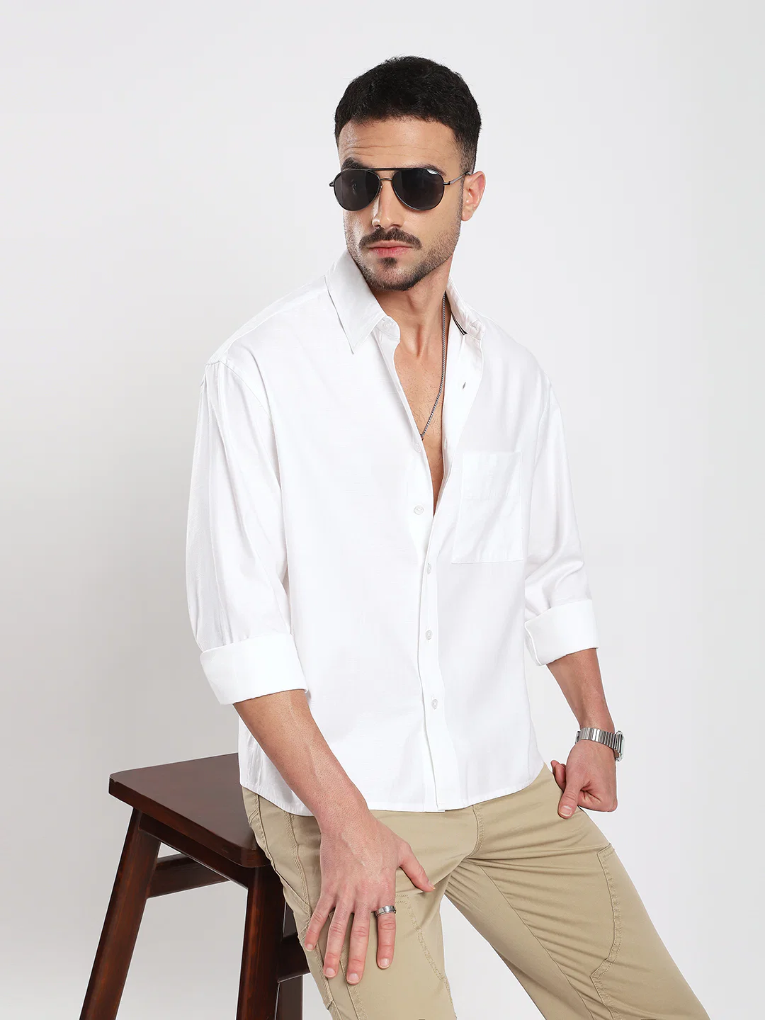 Pearl White Refined Slub Boxy Fit Crop Shirt - Image 4