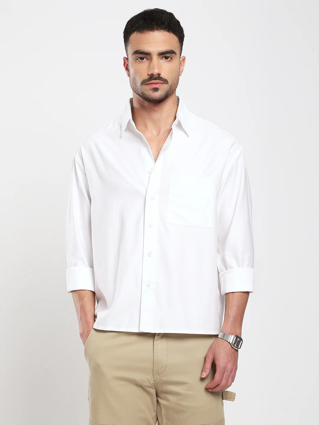 Pearl White Refined Slub Boxy Fit Crop Shirt - Image 5