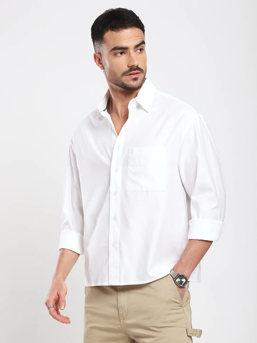 Pearl White Refined Slub Boxy Fit Crop Shirt - Image 6