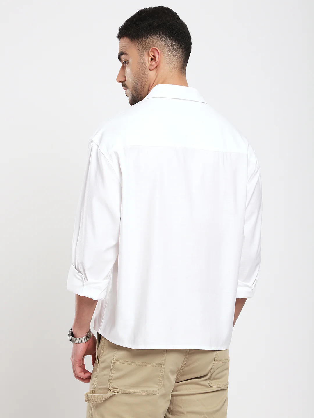 Pearl White Refined Slub Boxy Fit Crop Shirt - Image 7