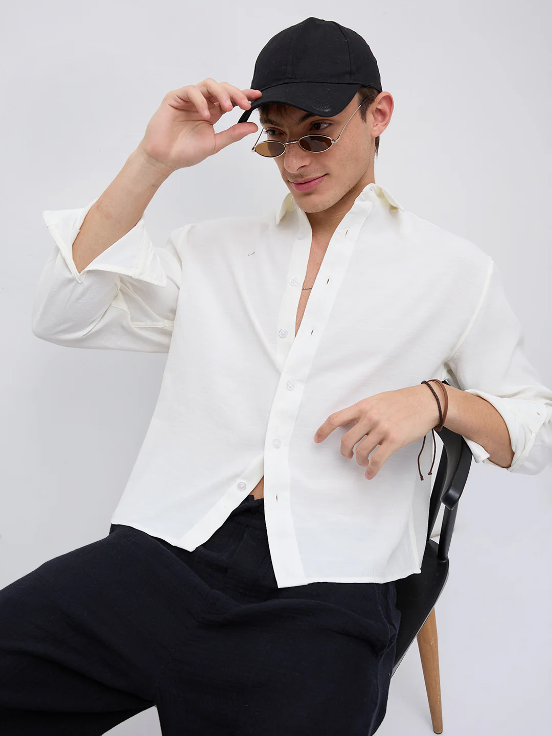 Pearl White Slub Crinkled Boxy Fit Crop Shirt - Image 4