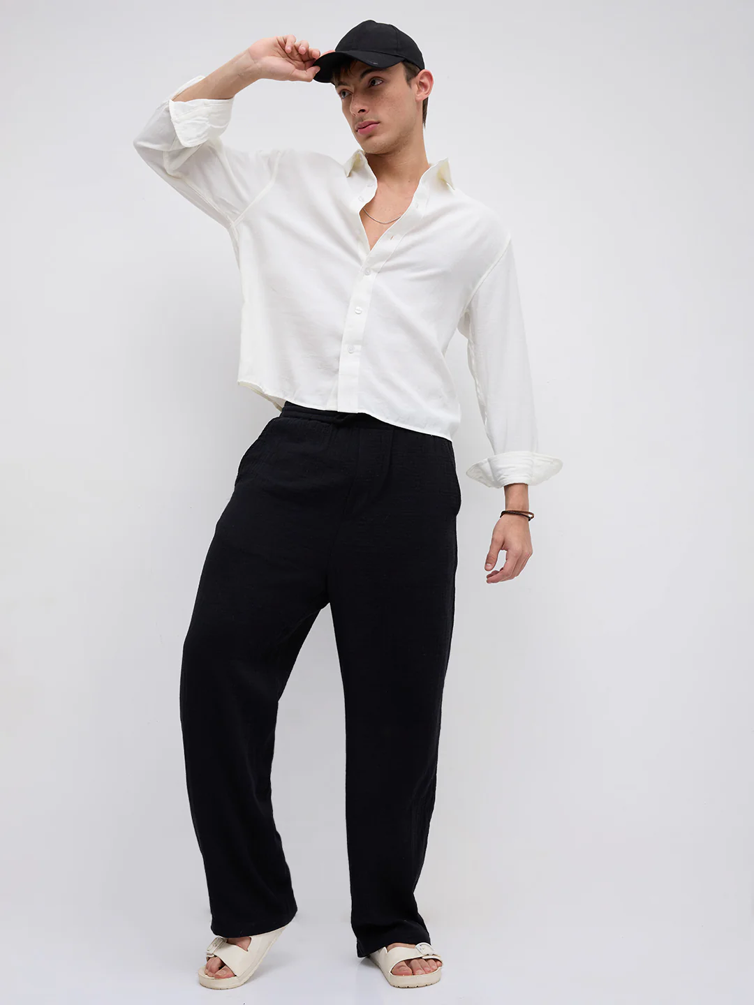 Pearl White Slub Crinkled Boxy Fit Crop Shirt - Image 9