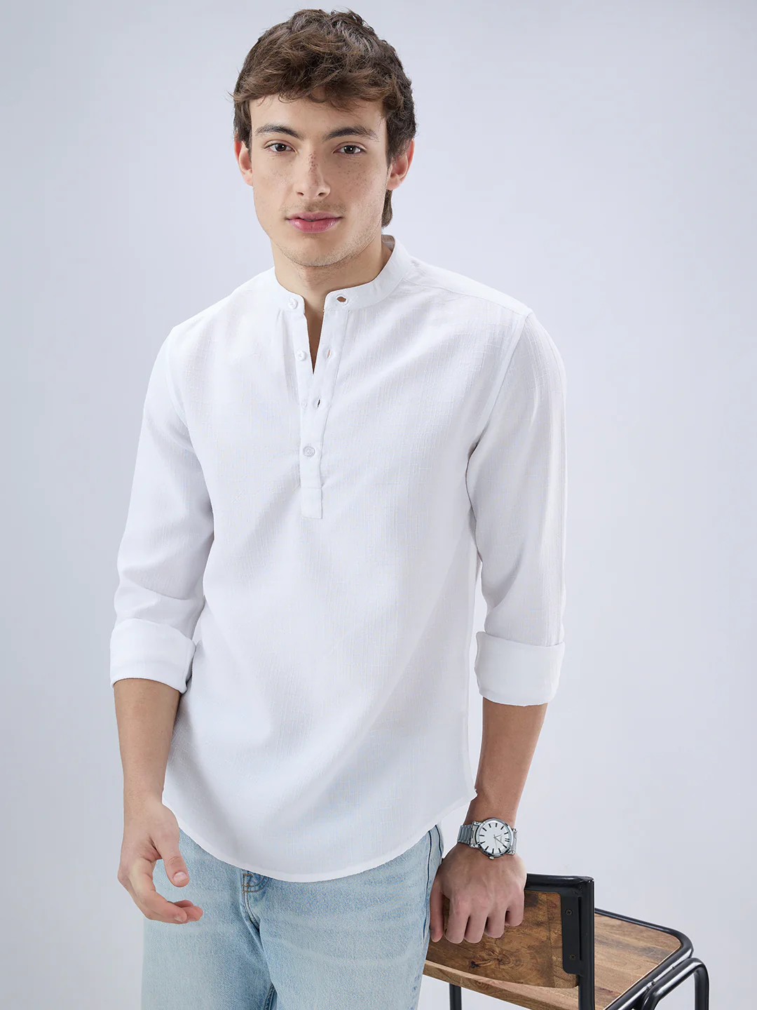 Pearl White Slub Textured Kurta - Image 2