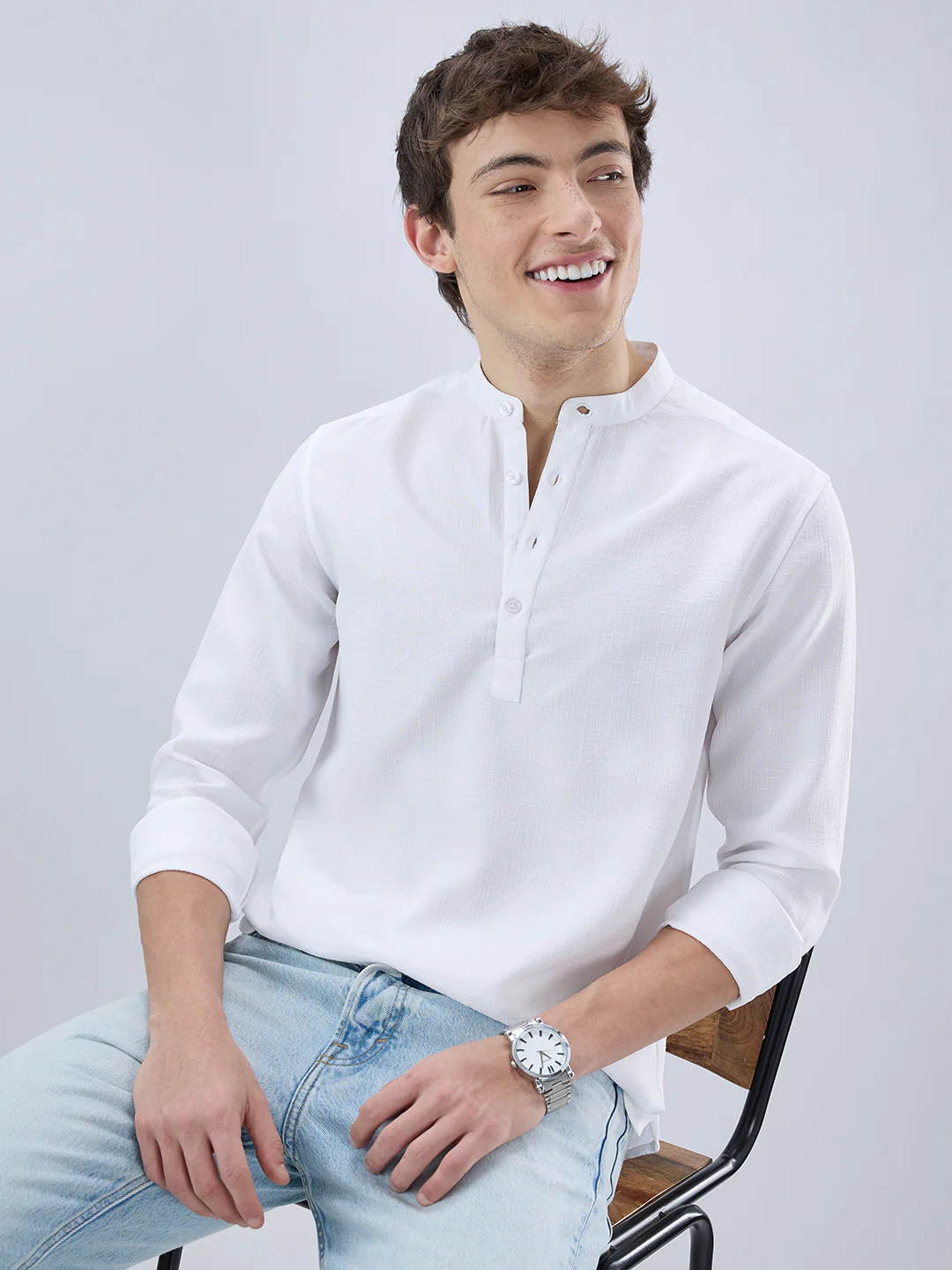 Pearl White Slub Textured Kurta - Image 4