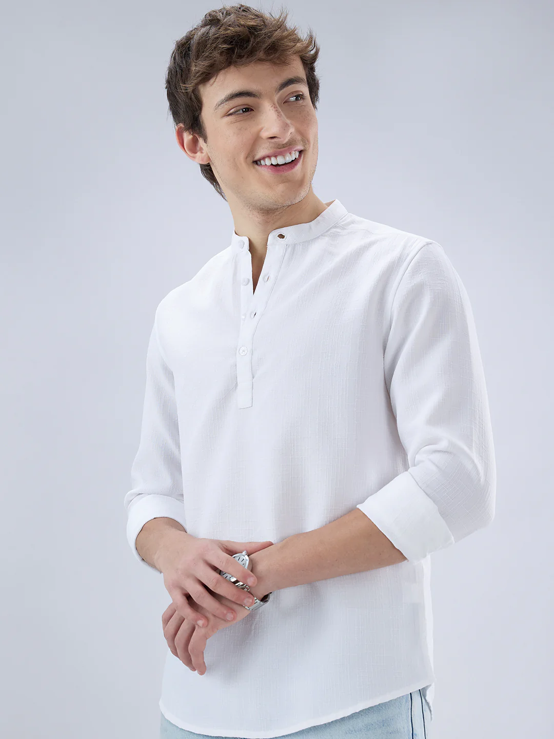 Pearl White Slub Textured Kurta - Image 7