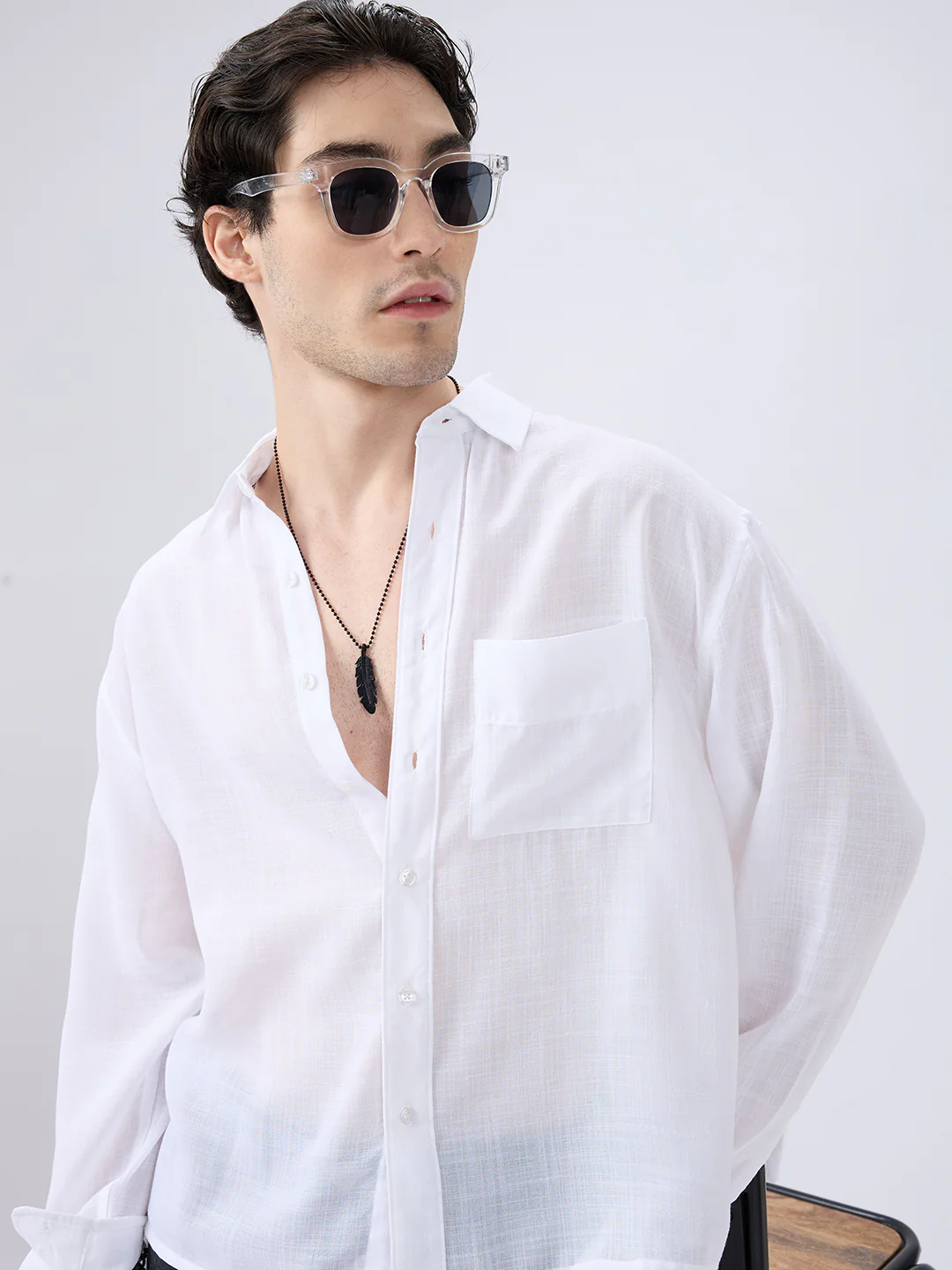 Pearl White Subtle Textured Boxy Fit Crop Shirt - Image 2