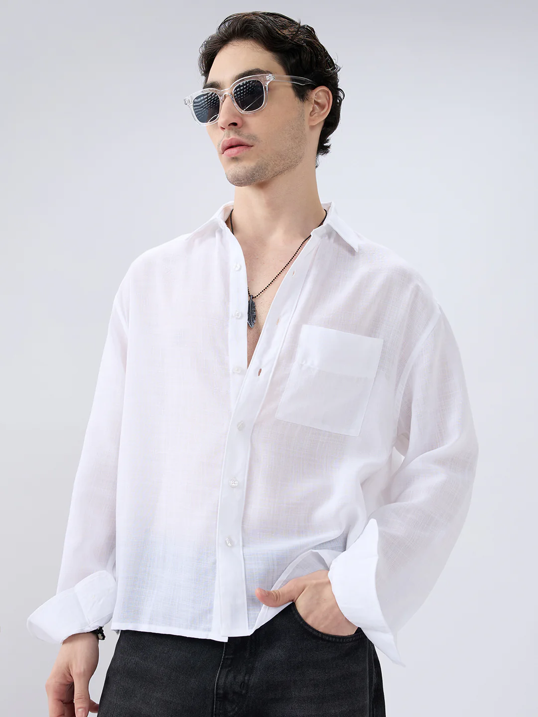 Pearl White Subtle Textured Boxy Fit Crop Shirt - Image 4