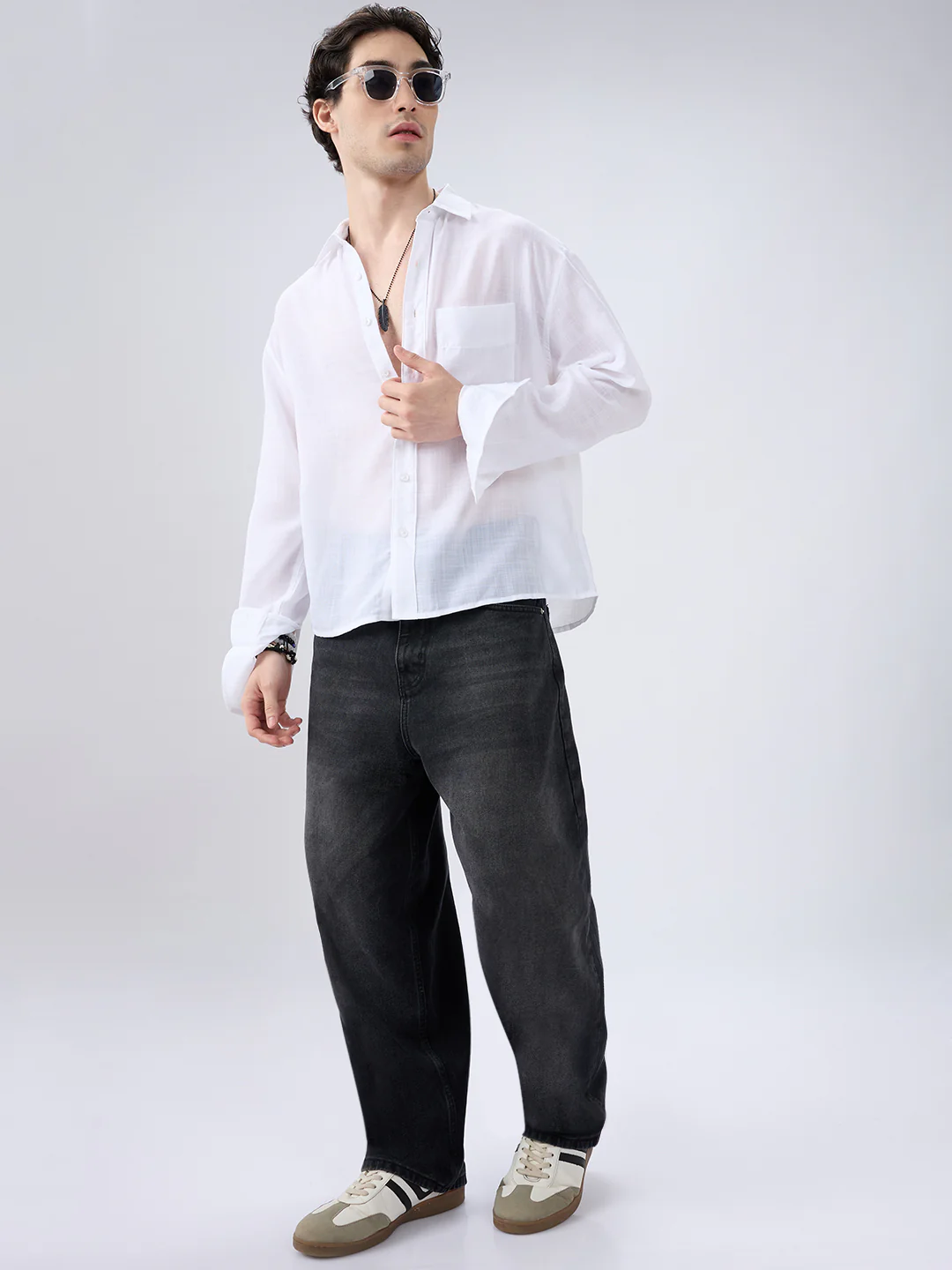 Pearl White Subtle Textured Boxy Fit Crop Shirt - Image 7