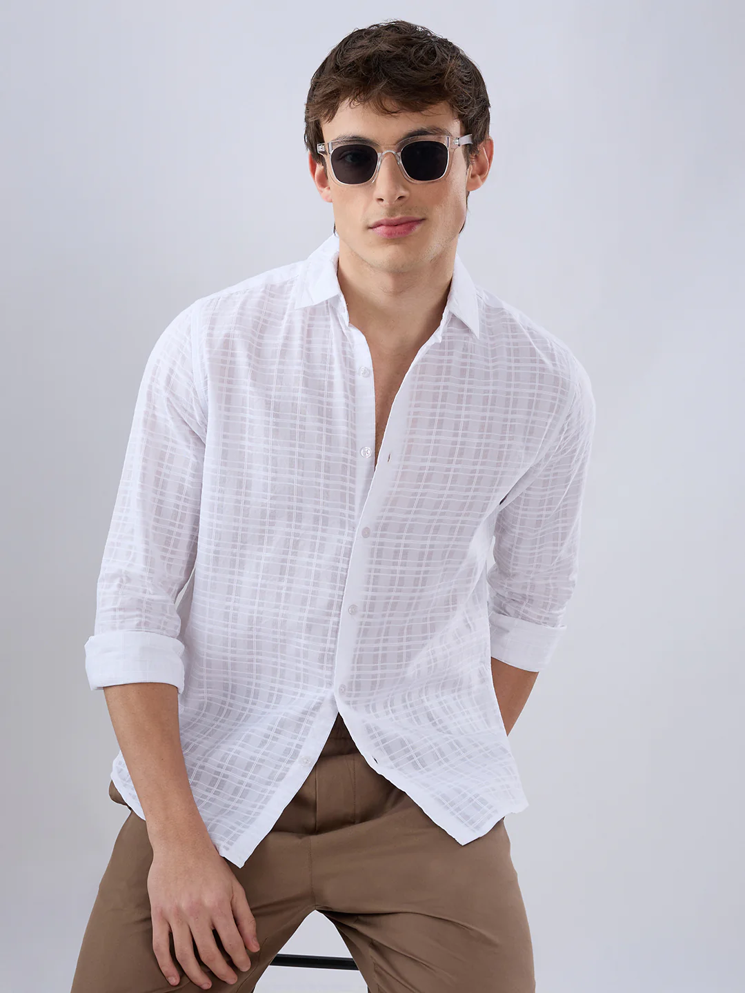 Pearl White Textured Sheer Checks Shirt - Image 2