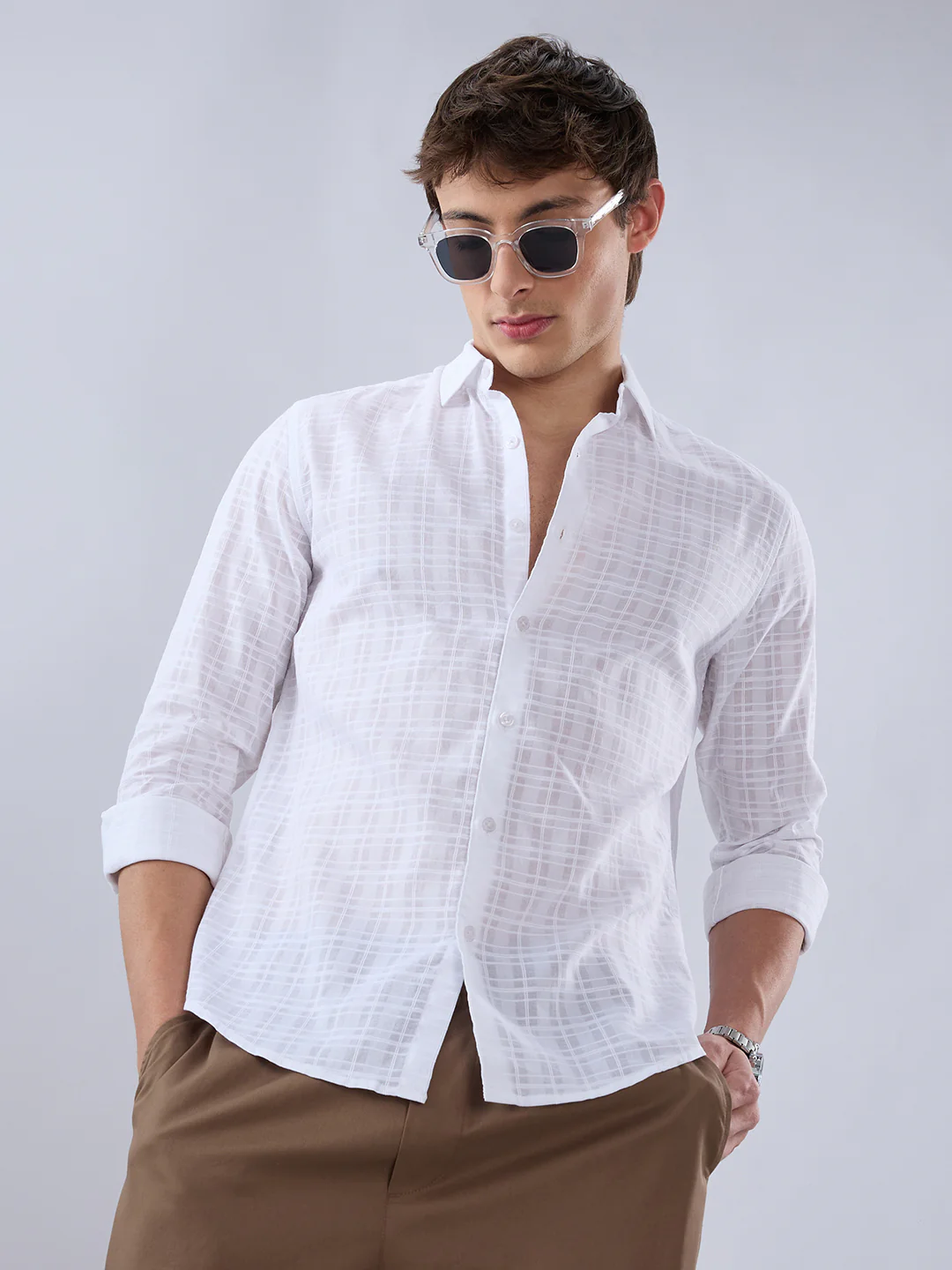 Pearl White Textured Sheer Checks Shirt - Image 4