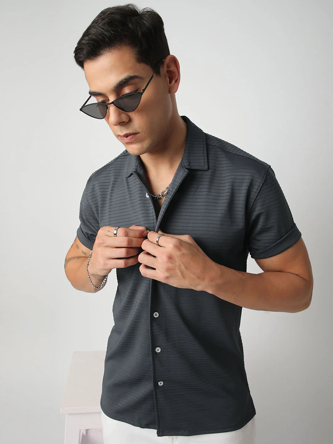 Pebble Grey Line Textured Knitted Shirt - Image 2