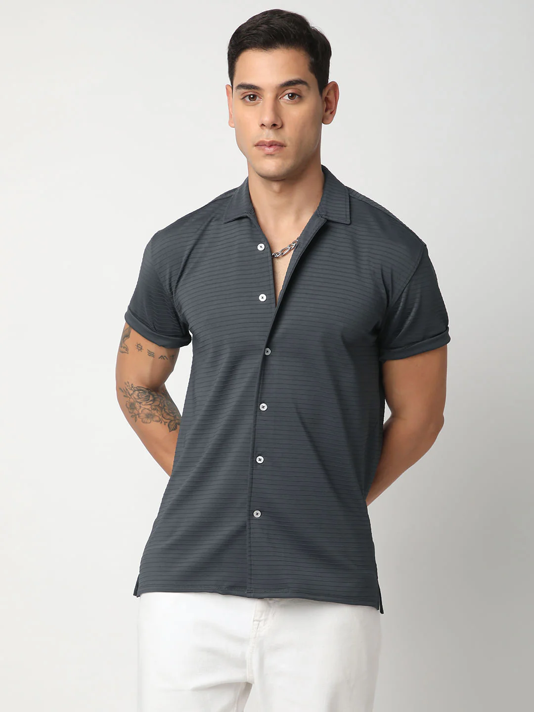 Pebble Grey Line Textured Knitted Shirt - Image 4