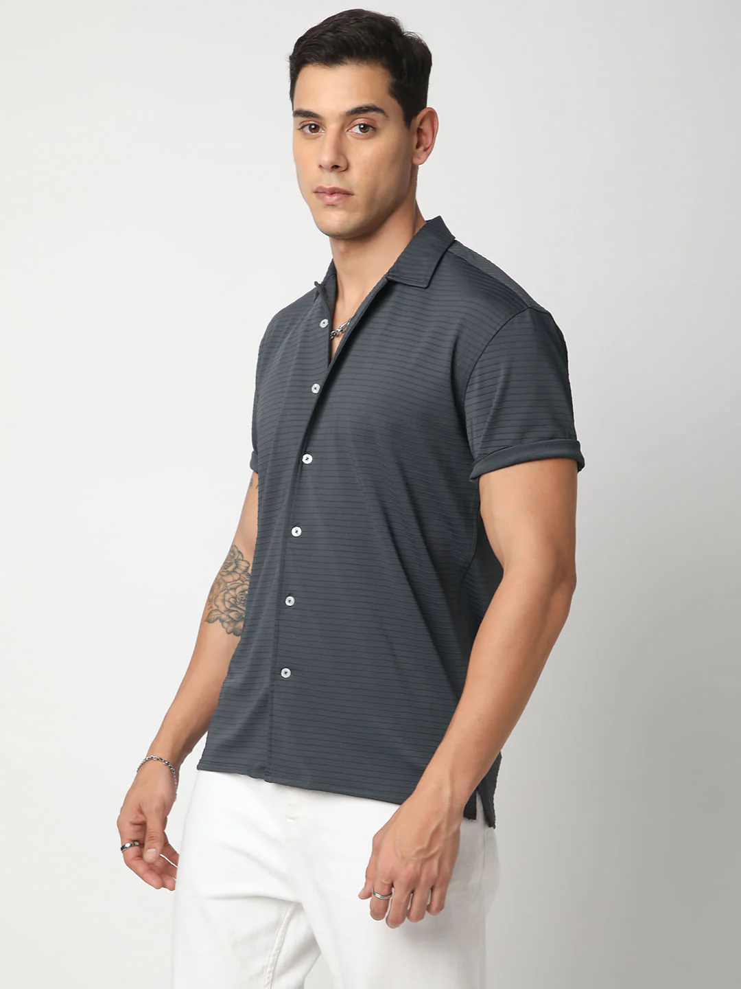 Pebble Grey Line Textured Knitted Shirt - Image 5