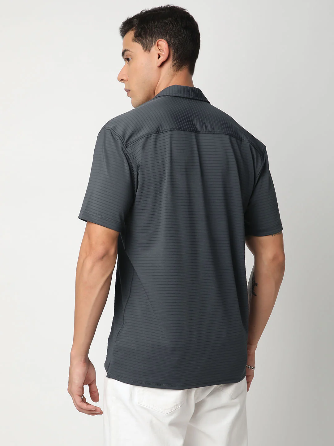 Pebble Grey Line Textured Knitted Shirt - Image 6