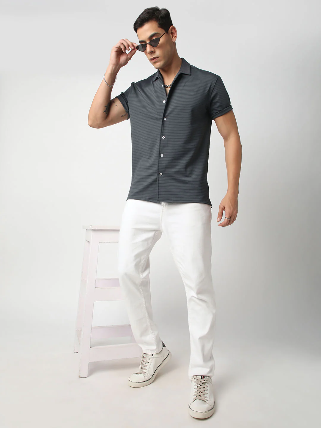 Pebble Grey Line Textured Knitted Shirt - Image 7