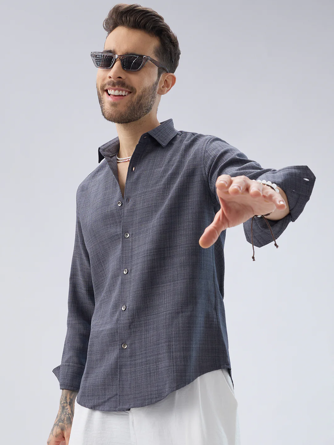 Pebble Grey Slub Textured Shirt - Image 2