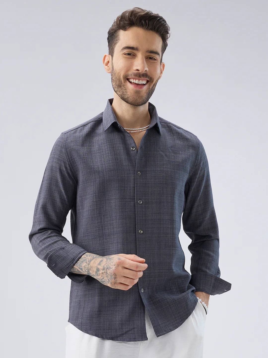 Pebble Grey Slub Textured Shirt - Image 4