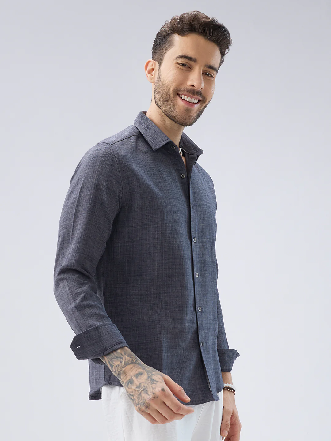 Pebble Grey Slub Textured Shirt - Image 5
