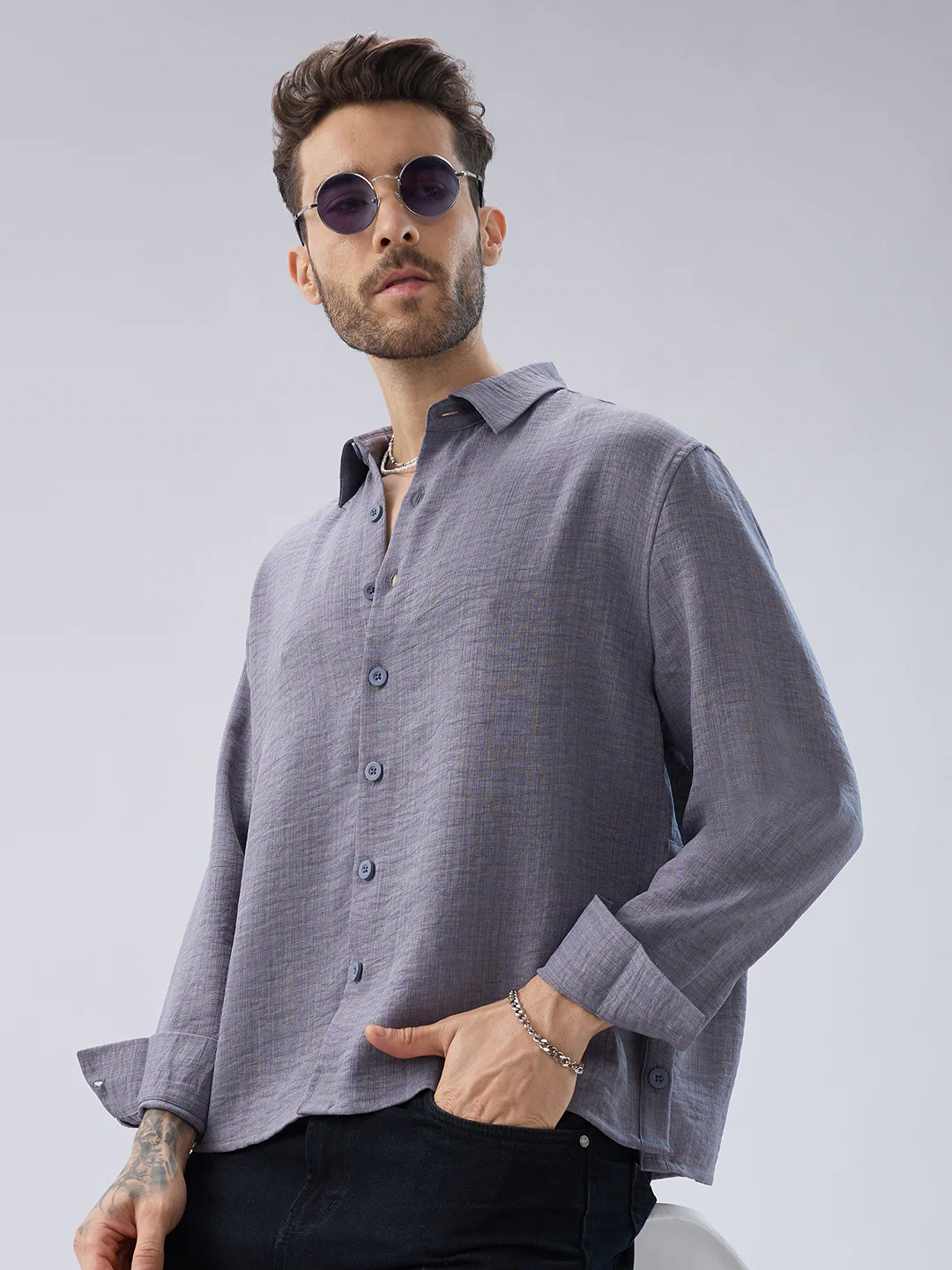 Pebble Grey Slub Textured Side-Slit Button Oversized Crop Shirt - Image 2