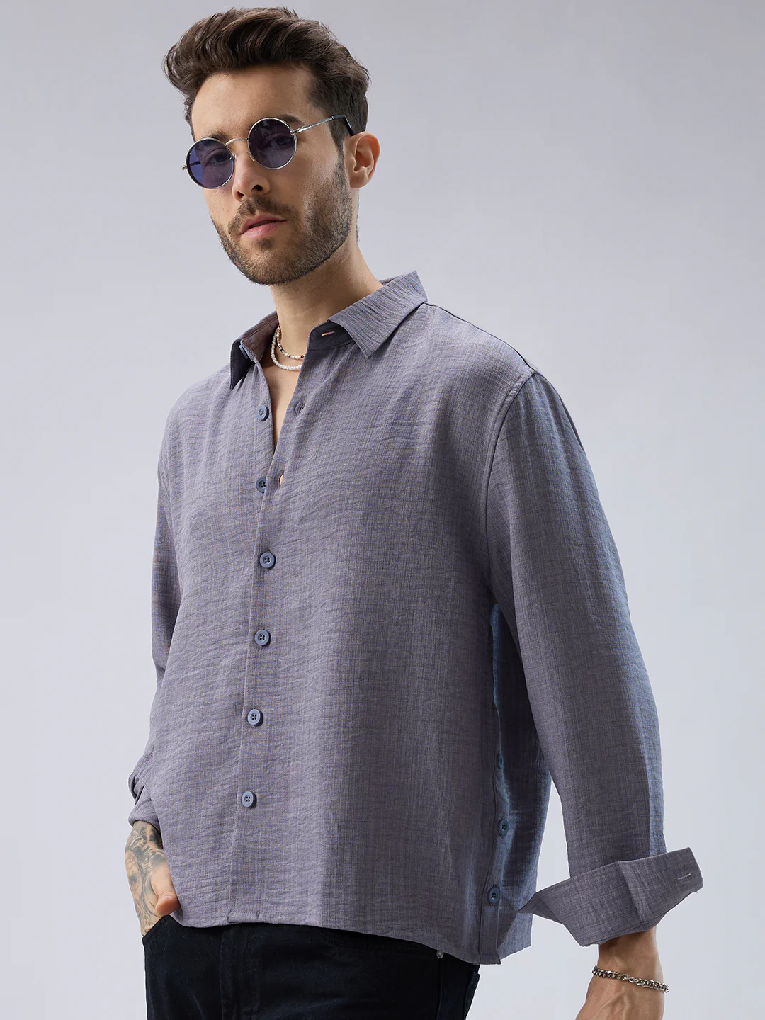 Pebble Grey Slub Textured Side-Slit Button Oversized Crop Shirt - Image 4