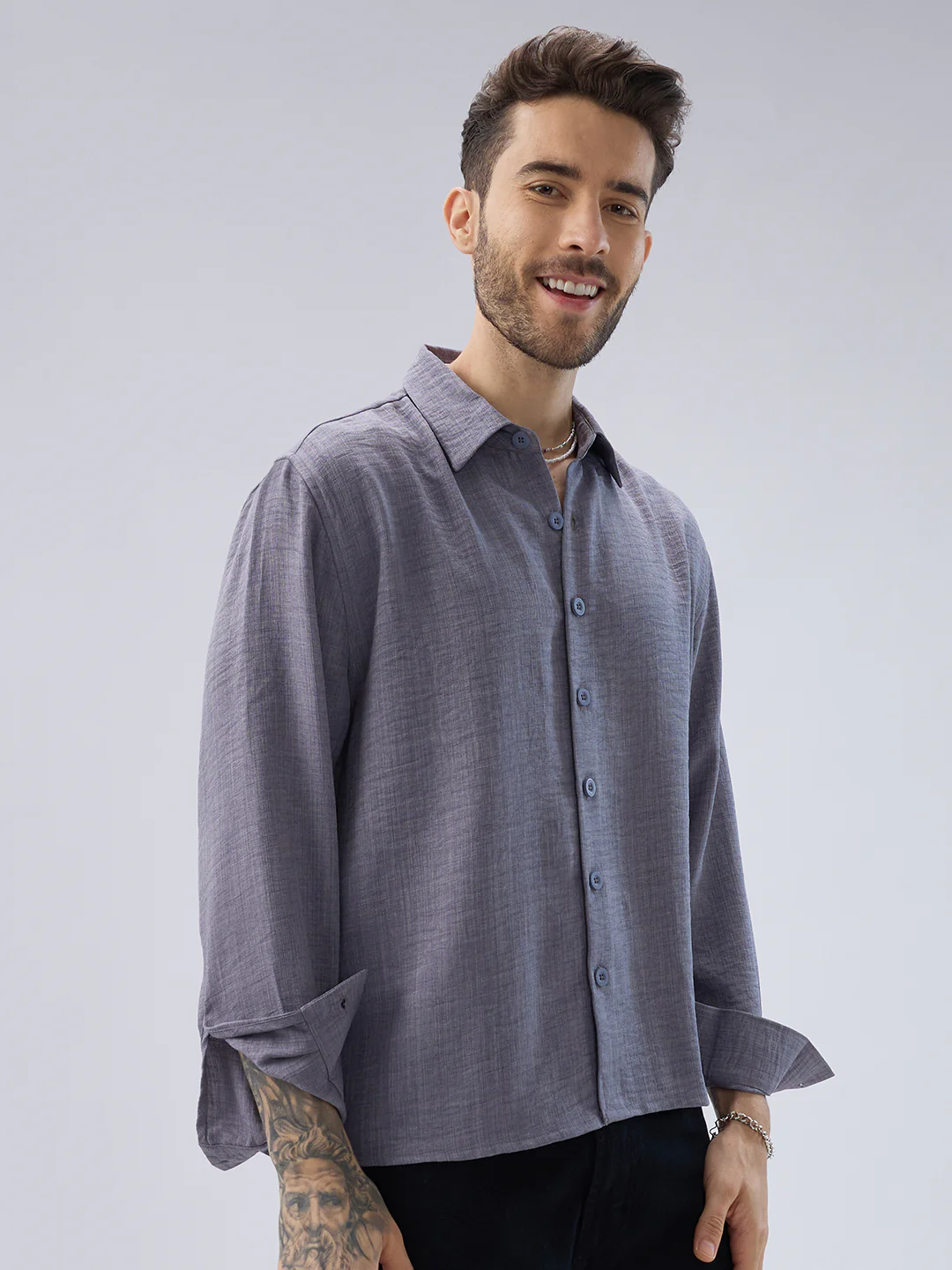 Pebble Grey Slub Textured Side-Slit Button Oversized Crop Shirt - Image 5