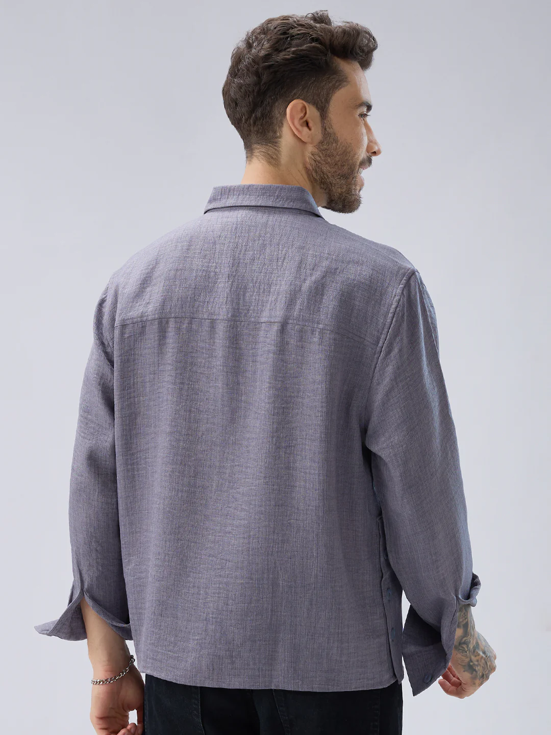 Pebble Grey Slub Textured Side-Slit Button Oversized Crop Shirt - Image 6