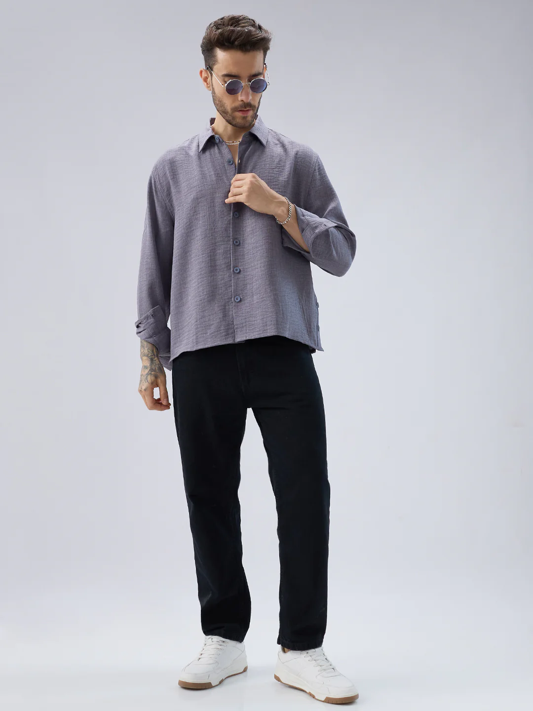 Pebble Grey Slub Textured Side-Slit Button Oversized Crop Shirt - Image 7