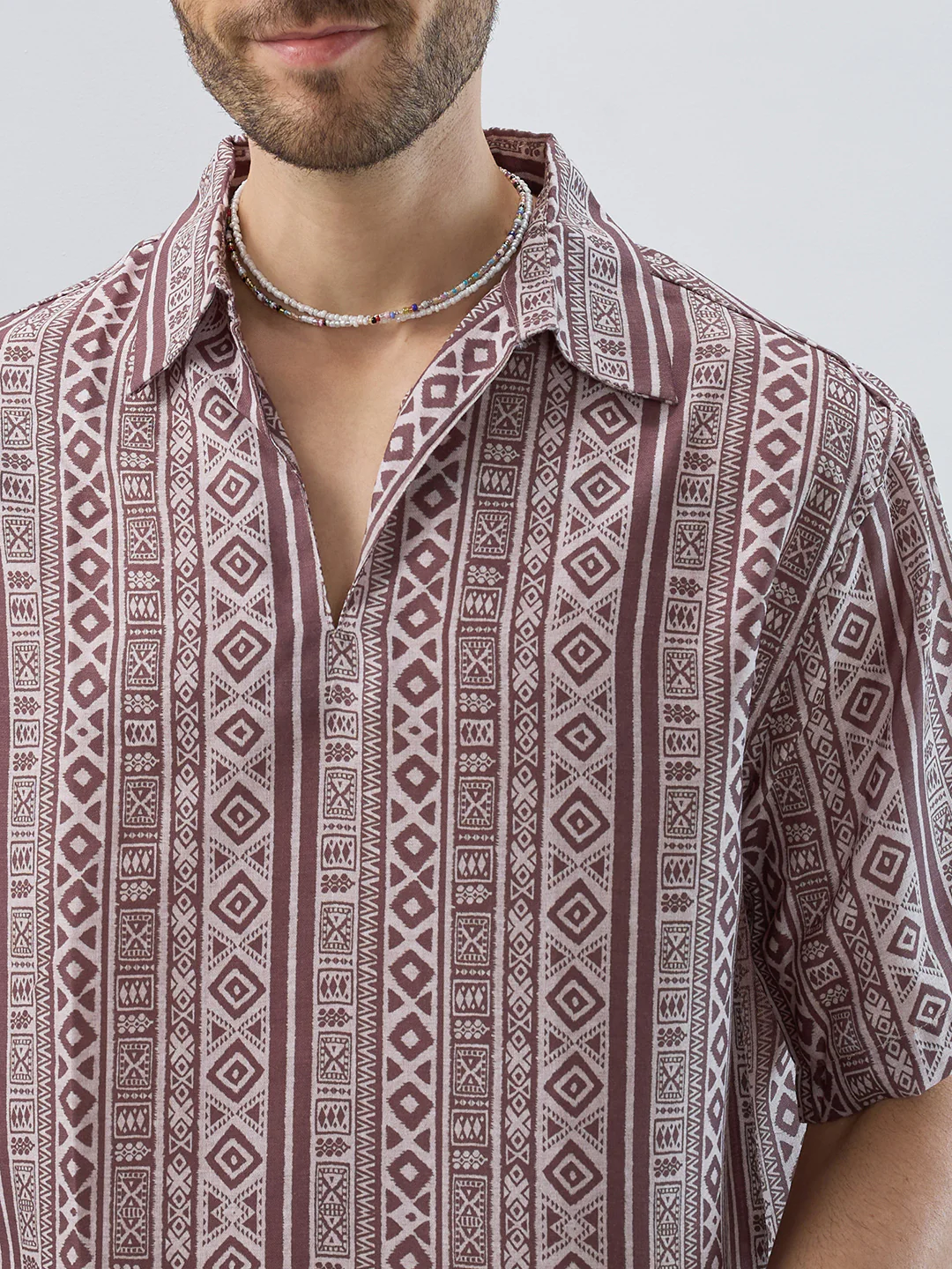 Pecan Brown Geometric Printed Oversized Polo Shirt - Image 3