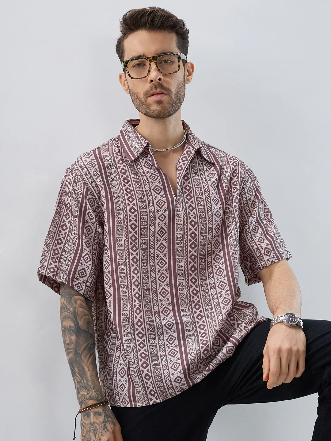 Pecan Brown Geometric Printed Oversized Polo Shirt - Image 4