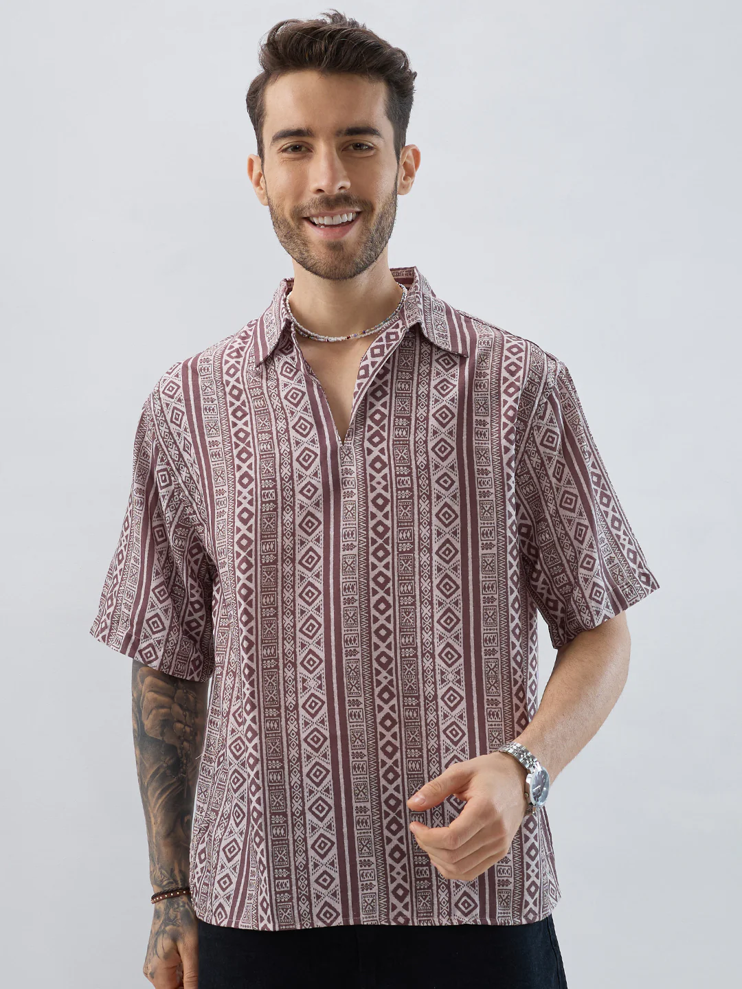 Pecan Brown Geometric Printed Oversized Polo Shirt - Image 5