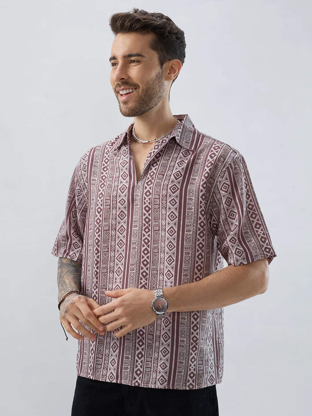 Pecan Brown Geometric Printed Oversized Polo Shirt - Image 6