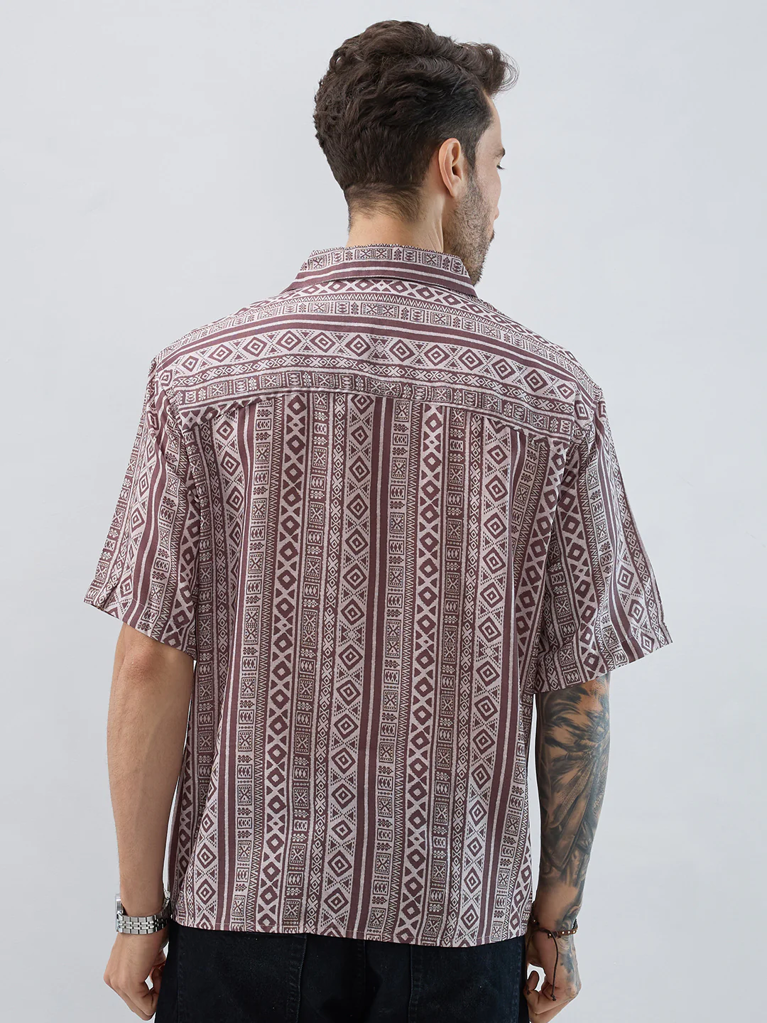 Pecan Brown Geometric Printed Oversized Polo Shirt - Image 7