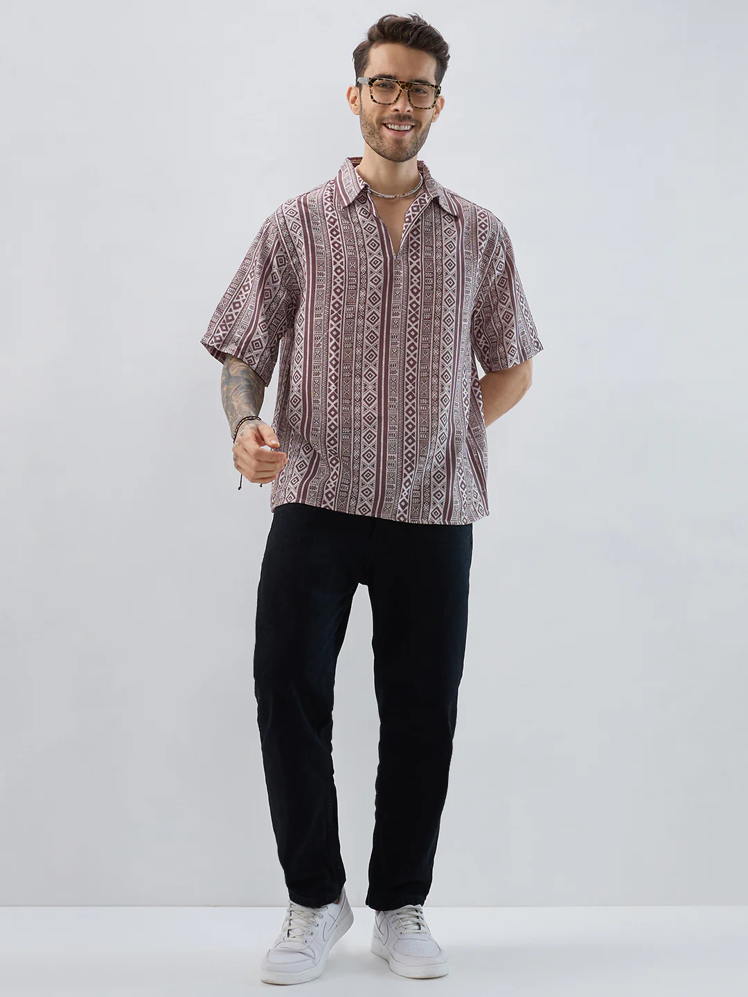 Pecan Brown Geometric Printed Oversized Polo Shirt - Image 8