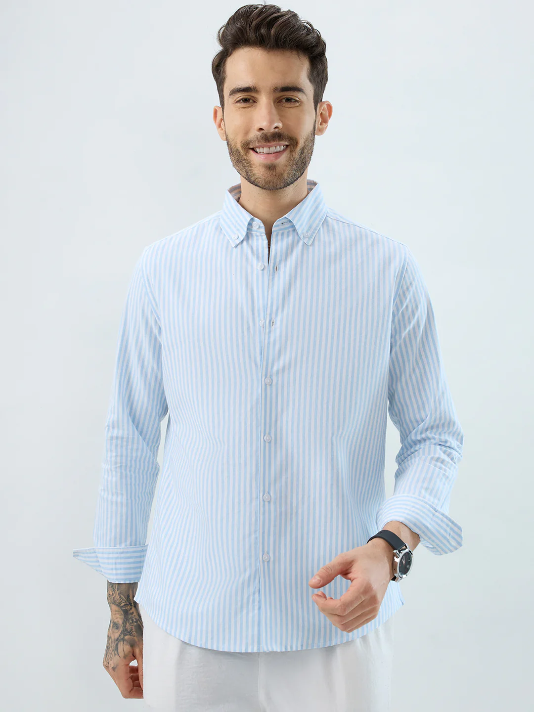 Periwinkle Blue Candy Striped Oxford Button-Down Business Shirt - Image 4