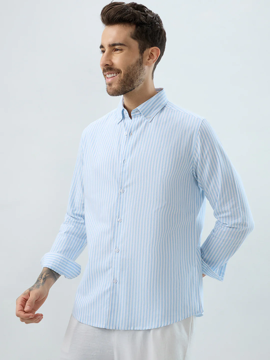 Periwinkle Blue Candy Striped Oxford Button-Down Business Shirt - Image 5