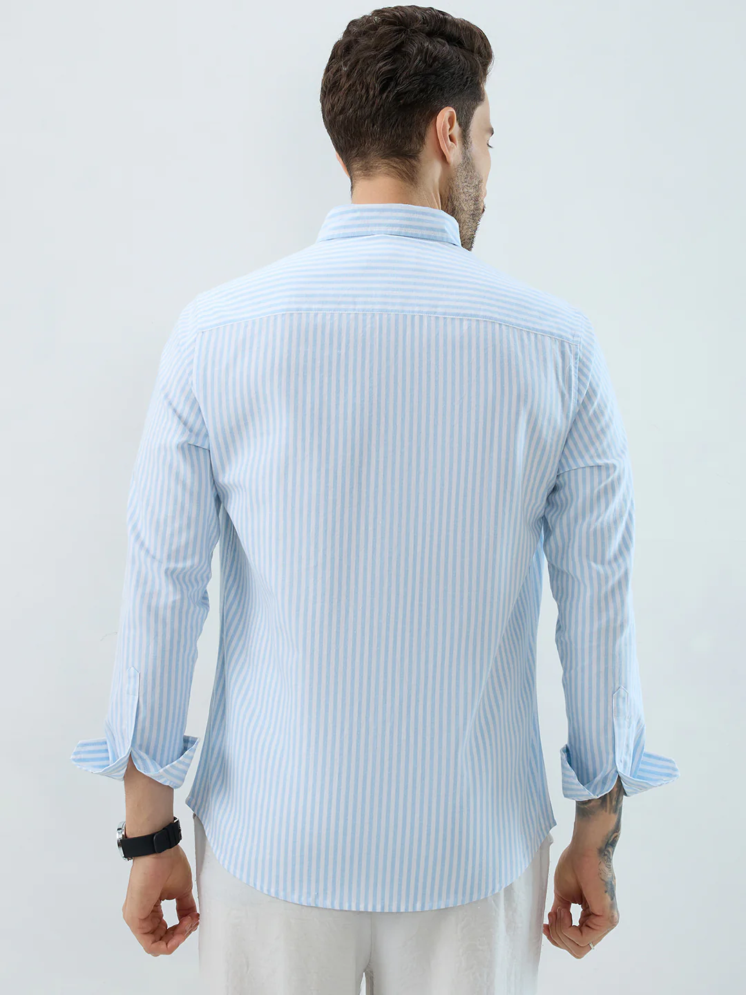 Periwinkle Blue Candy Striped Oxford Button-Down Business Shirt - Image 6
