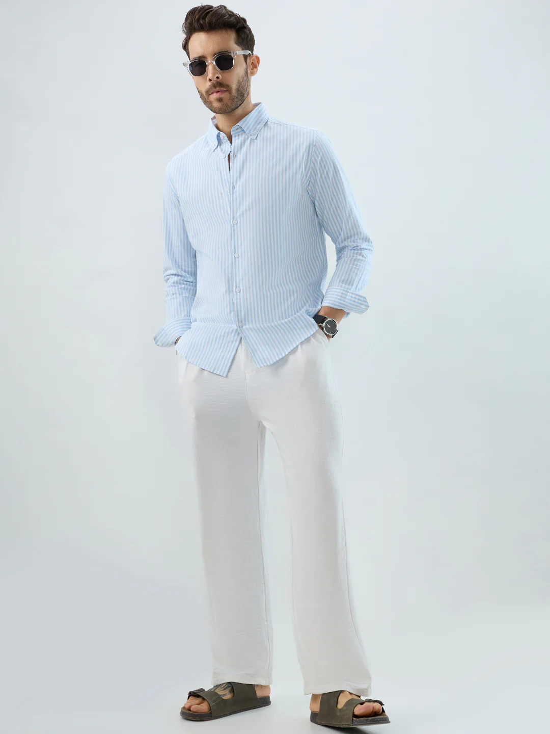 Periwinkle Blue Candy Striped Oxford Button-Down Business Shirt - Image 7