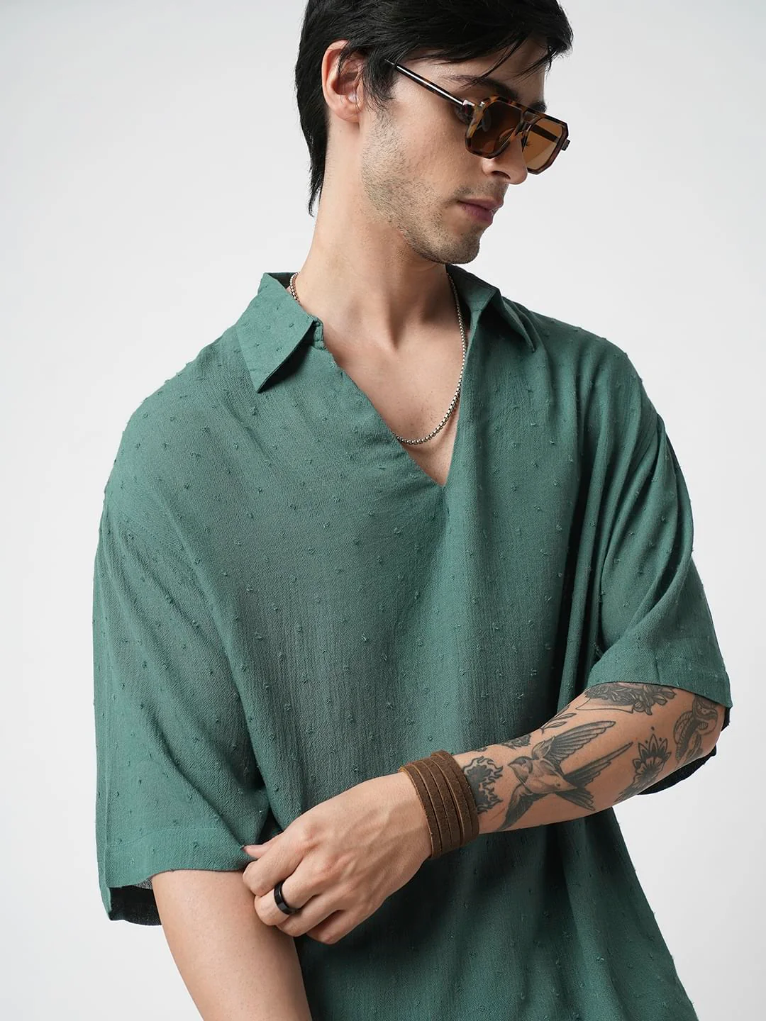 Persian Green Ditsy Dobby Oversized Polo Shirt