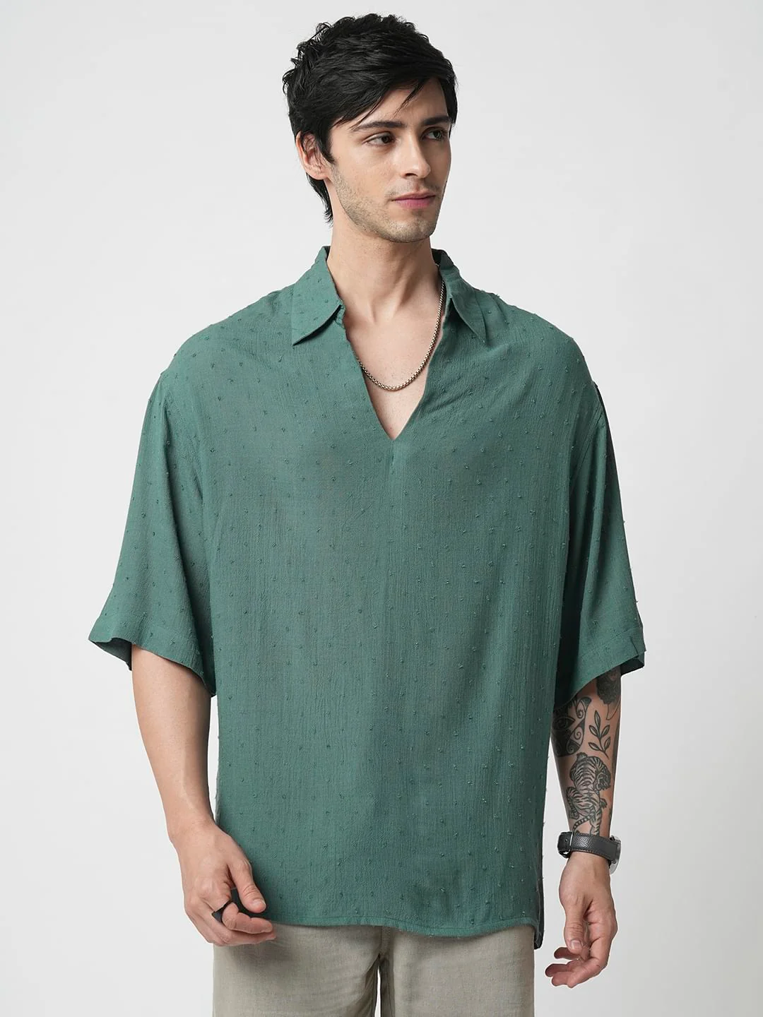 Persian Green Ditsy Dobby Oversized Polo Shirt - Image 4