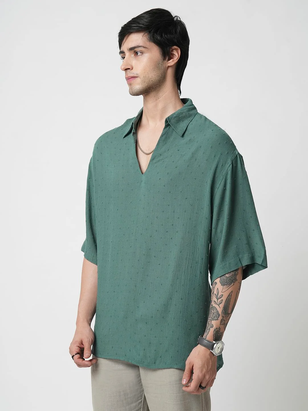 Persian Green Ditsy Dobby Oversized Polo Shirt - Image 5