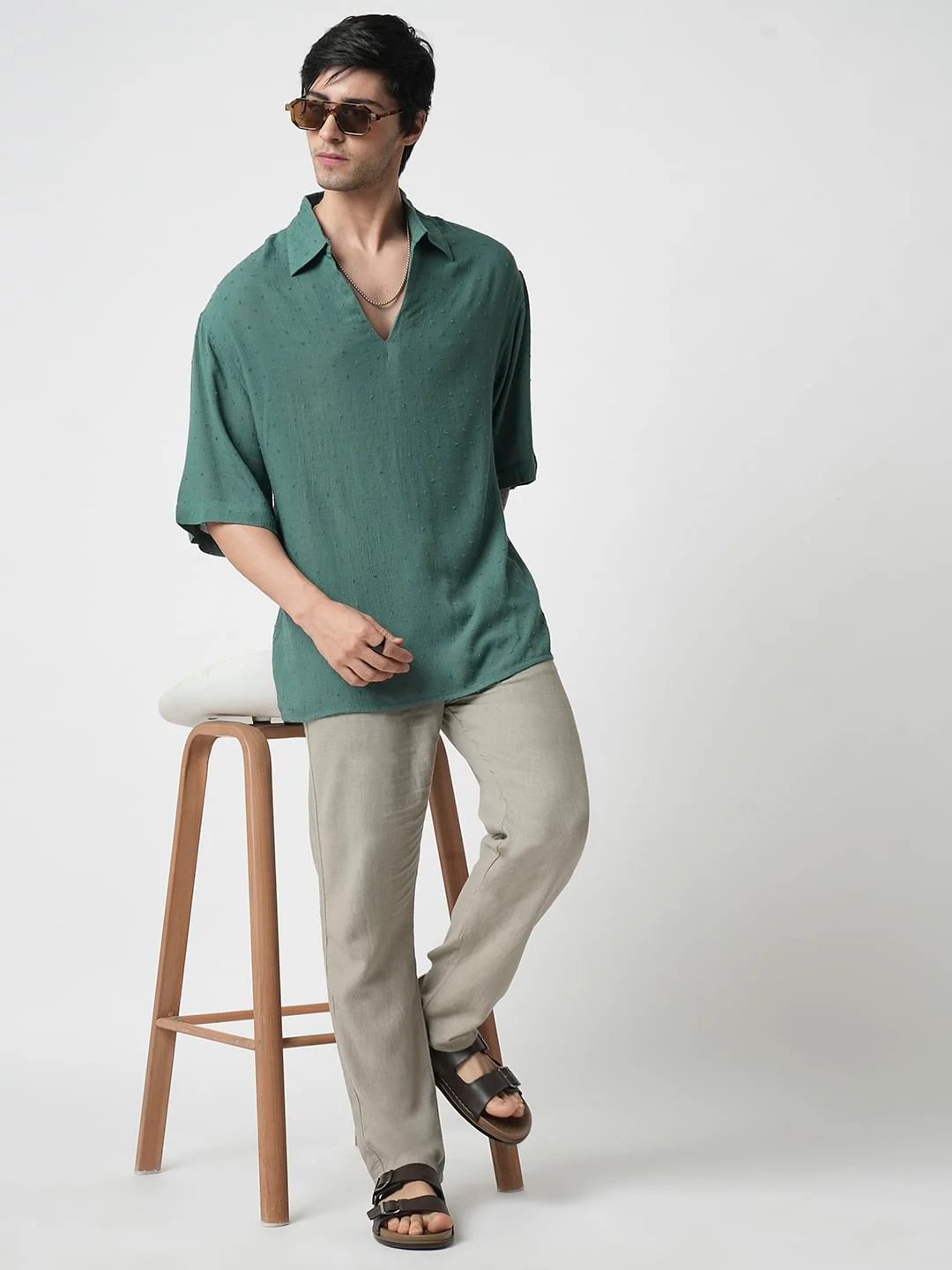 Persian Green Ditsy Dobby Oversized Polo Shirt - Image 7