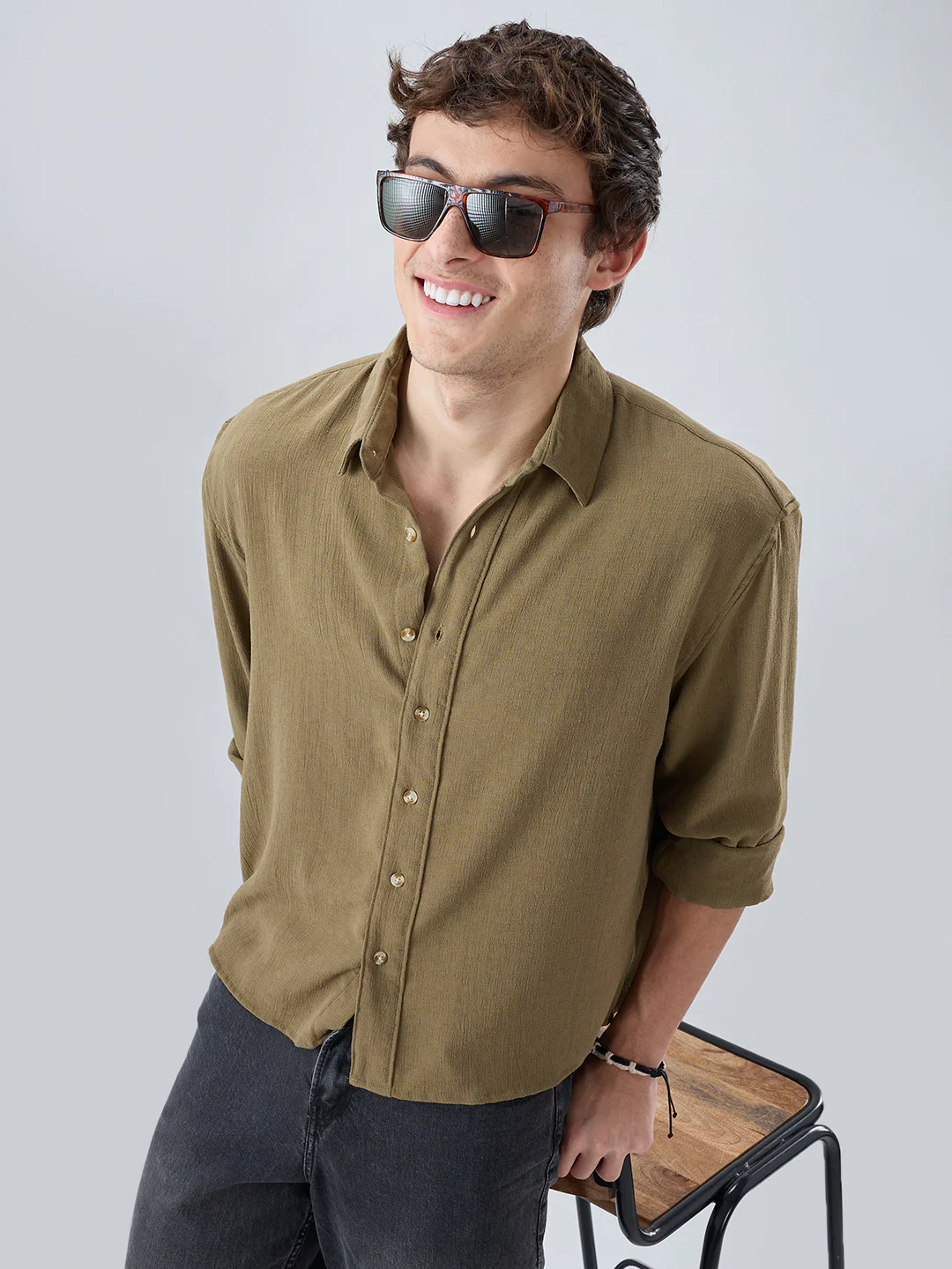 Pickle Olive Textured Boxy Fit Crop Shirt - Image 2